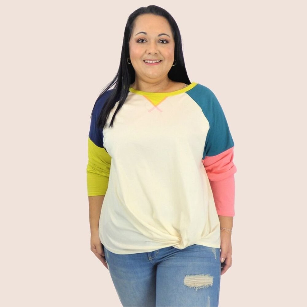 Color Block Raglan Long Sleeve Top - Ivory